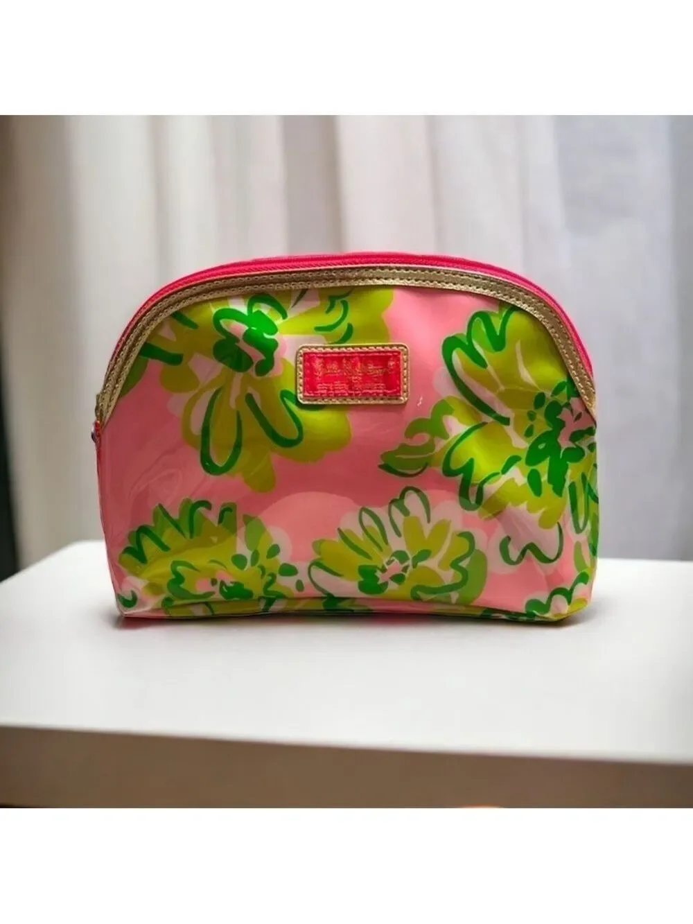 Lilly Pulitzer For Estee Lauder Large Pink & Green Floral Cosmetic Makeup Bag